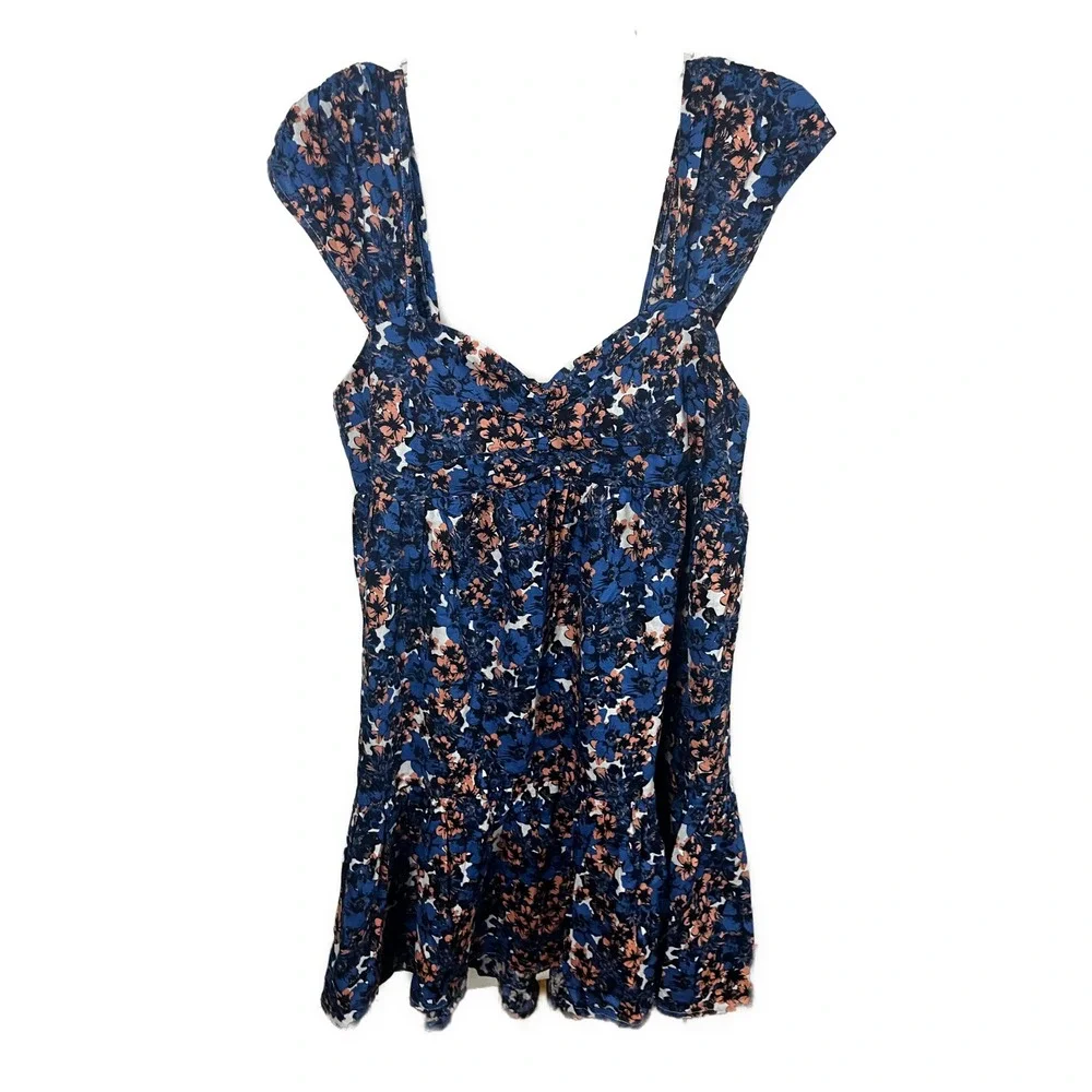 Free People NWT Women's Pattern Play Mini Dress Blue Floral Print Linen Blend- M